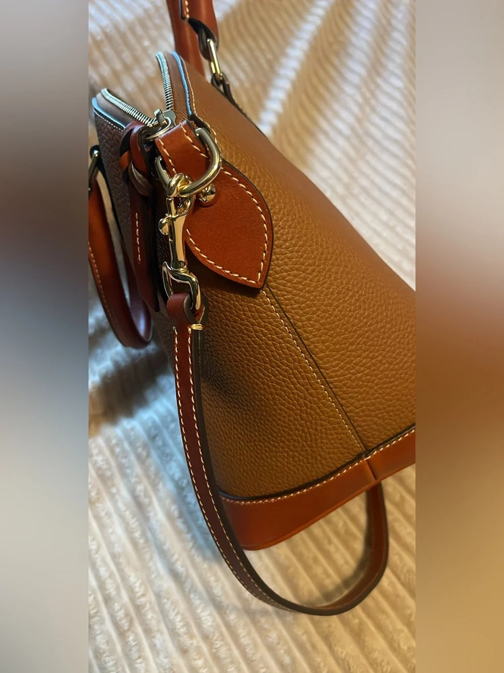 Dooney & Bourke Pebble Leather Tote in Brown and Chestnut Trim